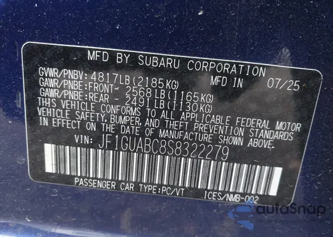 2025 Subaru Impreza Base 5-Door из США, поврежденный, VIN JF1GUABC8S8322279